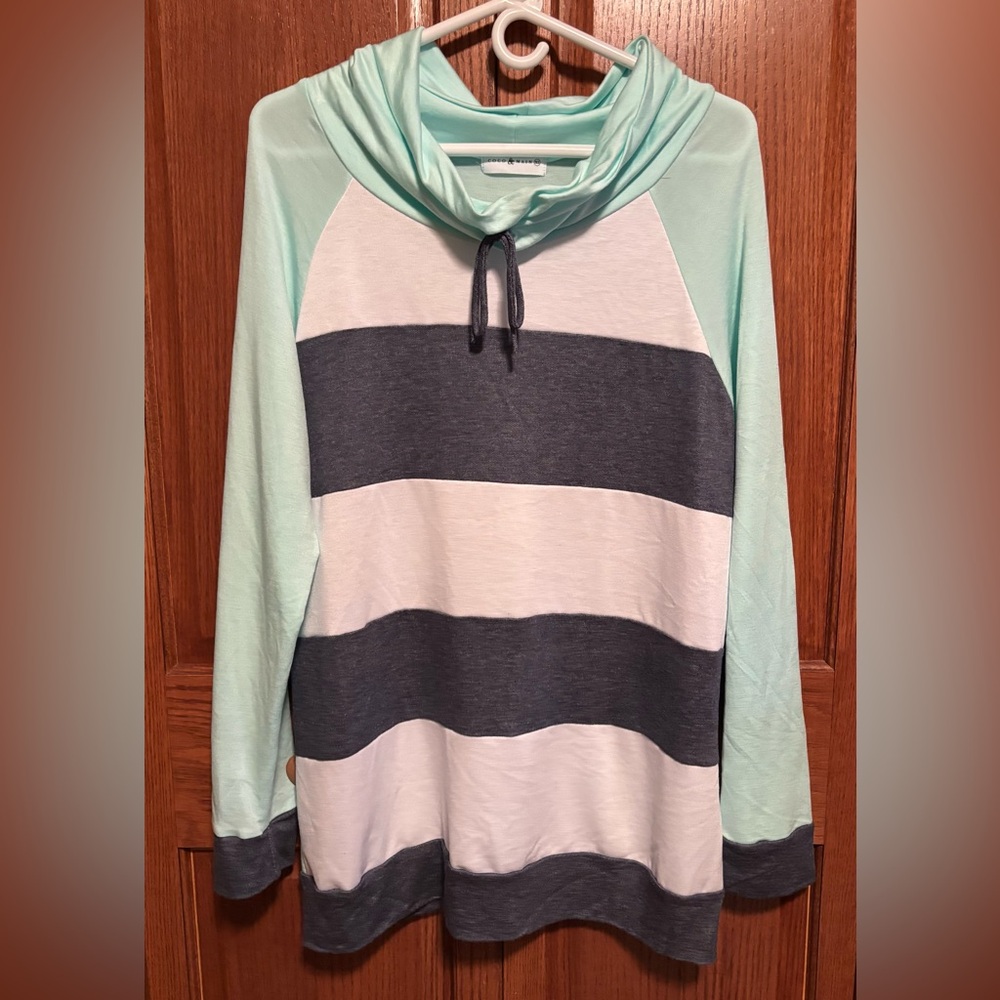 Striped Mint and Navy Top w/Cinched Neck - New w/o Tags